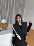 Korean Fashion Black Ruffle Women Vest Coats Double-Breasted Oversized Jackets Designer Sleeveless Coat