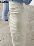 Spring Luxury Elegant Black Soft Stretchy Pu Leather Ruched Bandage Pencil Skirt Women High Waist Office Wear Women