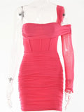 Double Layer Mesh Bodycon Dress Women's Summer One Shoulder Zipper Mini Dresses Women Sexy Night Club Party