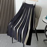 Knitted Pleated Midi Skirts Women Elegant Patchwork A Line Skirt Autumn Winter Korean Vintage Thick High Waist Slim
