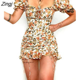 Flower Print Women Summer Dresses 2022 New High Waist Square Collar Drawstring Fold Short Puff Sleev Chic A-line Mini