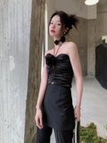 Designer Black Corset Crop Tube Tops Women Backless Ruched Halter Top Floral Patch Summer 2022 High Fashion