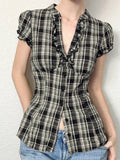 Cloth Forget British Wind Wood Ear V-Neck Check Shirt Temperament Waist Button Bubble Sleeve