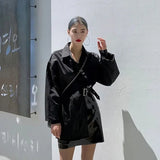Elegant Women Long Sleeve Shirts Office Lady Solid Button Belt Blouse Korean Fashion Asymmetric Chic Casual Loose Tops
