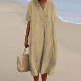 V-neck Short Sleeve Pleated Long Dress Simple Solid Color Loose Women Dress 2023 Summer Beach Cotton Linen Dress