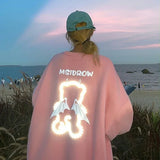 Women's Sweatshirt Reflective Bear Couple Clothes Korean Fashion Autumn Casual Pullovers O-Neck Loose Harajuku Oversized