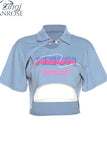 Printed T Shirt Women 2023 Summer Casual Vintage Fashion Y2k Polo-Neck Crop Top Female Streetwear Short Sleeve Slim