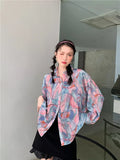 Pink Blue Tie Dye Long Sleeve Top Button Up Summer Shirt Women Floral Print Loose Collared Shirt Designer