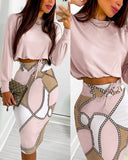 Long Sleeve Top & Chain Print Colorblock Drawstring Shirred Skirt Set Sexy Women Crop Two Piece Suits Robe