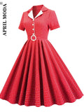 England Style Red Plaid Dress Women Summer Short Sleeves Sashes A-Line Casual Tunic Dress 50s Vintage Midi Party