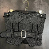 2022 Summer New Arrivals Sleeveless Strapless Rhinestone Diamonds Black Slim Tank Top Vest With Belt Women