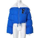 New Turn-down Collar Jacket Women Letter Embroidery Flare Long Sleeve Short Down Coat Drawstring Leisure White