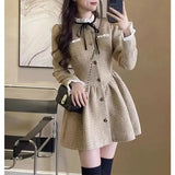 Vintage Sweet A Line Mini Dress Women Preppy Bow Ruffles One Piece Dresses Korean Elegant Single Breasted Slim