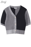 Style O-neck Short Knitted Sweaters Women Thin Cardigan Button Up 2023 Summer Casual Fashion Patchwork Crop Top