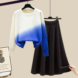 Women Autumn Winter Warm Knitted Two Pieces Sets Korean Long Sleeve Pullover Sweater Top And High Waist Knitting Skirts