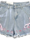 Style Pink Bow Lace-up Y2k Shorts Women Cross Bandagr Summer Harajuku Hotsweet Tassel Cute Embridery Zipper