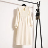 Winter Knitwears Sweater Dresses Office Ladies Elegant Solid Lantern Sleeve High Waist A-line Knitted Dresses 4XL