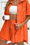 Shirts Suit Wide-leg Shorts Two Piece Set 2023 Short Sleeve Cotton Casual Long Blouse Women Pockets Loose Outfits