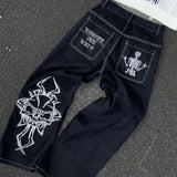 retro street loose embroidered straight-leg jeans women 2023 new casual all-match high-waist mopping wide-leg