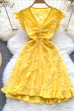 Women Hollow Out Drawstring Dress Sexy V-Neck Sleeveless High Waist A-Line Ruffle Hem Draped Vestidos