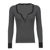 Contrast Color Breasted U Neck Long Sleeve Tee-Outfit