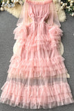 Autumn Women Ruffle Mesh Party Long Dress Sexy Slash Neck Off Shoulder See Through Maxi Robe Female New