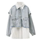 Spring Autumn Long Sleeve Stitching Design Trendy Women Shirt+sleeveless All-match Denim Jacket 2 Piece Set Casual