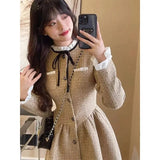 Vintage Sweet A Line Mini Dress Women Preppy Bow Ruffles One Piece Dresses Korean Elegant Single Breasted Slim