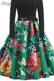 Print Vintage Women New Spring Elegant Party Long Sleeve Casual Black Patchwork Midi