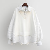 Balck Striped Women Blouses Harajuku Vintage Fake Two-piece Knitted Oversize White Shirt Basic Female Long Sleeve