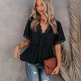 Queens Women White V-neck Ruffles Boho Blouse Shirts Short Sleeve Lace Sexy Bohemian Blusas Tops
