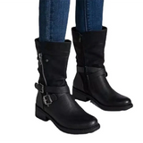 Women's Leather Boots Retro Belt Buckle Mid Calf Boots Round Toe 2022 Water Proof Casual Boots Women Botas De