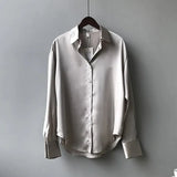 Fashion Button Up Satin Silk Shirt Vintage Blouse Women Spring White Lady Long Sleeves Female Loose Streetwear