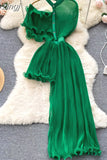 Women Sexy See Through Irregular Dress Elegant Female Ruffle Off Shoulder Slim High Waist Vestidos Green/White