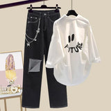 Women Streetwear Harajuku Y2k Outfits 3 PCS Sets Chain Vest+long Sleeve Sunscreen+wide Leg Hollow Out Denim Pant