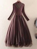 Winter Long Dresses Office Ladies Elegant Mesh Patchwork Long Sleeve Knitted Sweater Dresses Korean Fashion Slim