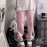 Pink Denim Jeans Women Casual Kawaii Pants Wide Leg Denim Pants Streetwear Loose Lady Trousers Korean Fashion