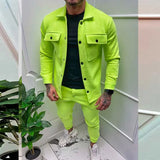 Solid Men 2-piece Set Fall Fashion Long Sleeve Lapel Single Breasted Coat And Long Work Pants Suit Men Pocket Sports