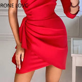Women Solid Elegant One Shoulder Long Sleeves Small Silt Ruffle Hem Formal Party Red