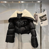 2022 Winter Long Sleeve Lambswool Sailor Collar Short Cotton Coat Women Drawstring F Letter Jacket
