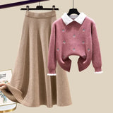 Knitted Two Piece Set Womens Outfits Korean Casual Turn Down Collar Long Sleeve Embroidery Knitted Sweater+skirts
