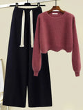 Winter Knitted Two Piece Set Women Casual Pullover Long Sleeve Knitting Sweater And Wide Leg Pants Sets For Women