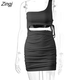 Women Bodycon Sundress Solid Color One Shoulder Sleeveless Hollow Out Drawstring Summer Mini Dress