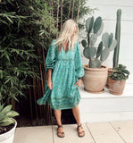 Queens Women Green Floral Print Beach Long Bohemian Dresses Robe Ladies Summer Rayon Cotton Midi Dress