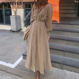 V-neck Single-breasted Female Long Dress 2020 Spring Elegant Long Sleeve Belted Women Dress Straight Loose