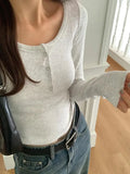 Solid Color Ribbed Breasted Slim Long Sleeve Knit-Outfit