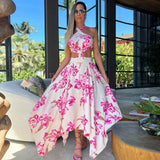 Bohemian Sexy Printed Women Dresses Halter Sleeveless Backless Naked Waist Long Dress Fashion Summer Beach Holiday