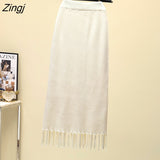 Knit Long Midi Skirt Women 2022 Winter Warm Korean Fashion Tassel Slit Elegant High Waist Pencil Skirt