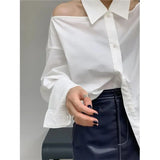 Y2K White Shirts Women Streetwear Sexy Halter Hollow Out Long Sleeve Blouse Korean Lady Elegant Off Shoulder Loose