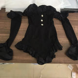 2022 Spring New Arrivals Long Flare Sleeve Strapless Ruffles Diamonds Buttons Slim Black Playsuits Women Romper